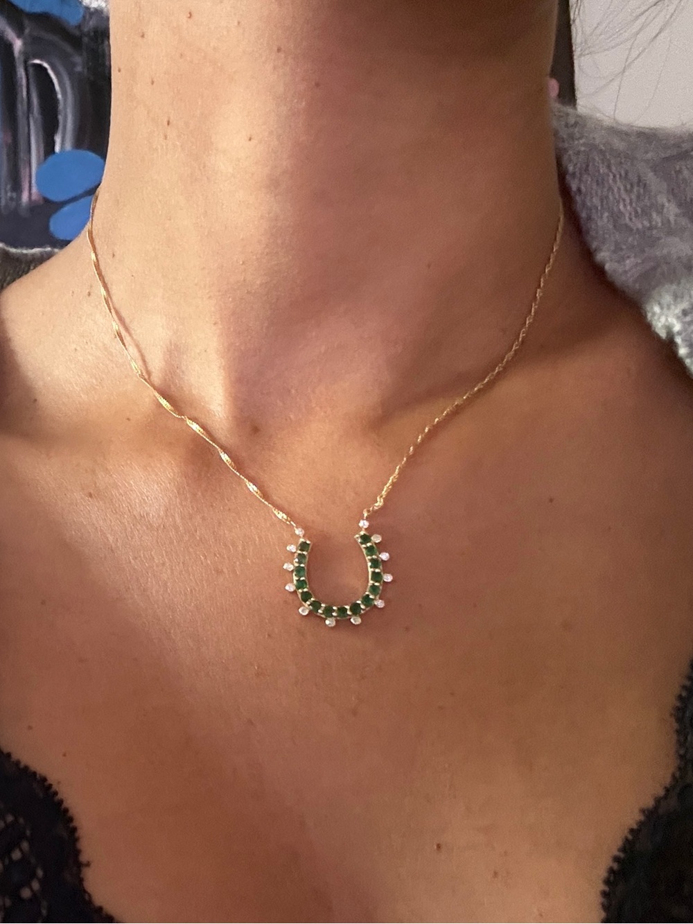 Vintage 14k Emerald & Diamond Horse Shoe necklace